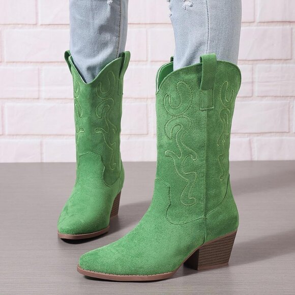 Women Light-green Suede Mid Calf Chunky Block Heel Western Embroidered Boot - Picture 7 of 7